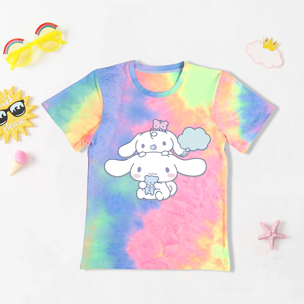 Cinnamoroll Áo Sơ Mi Dây Buộc Thời Trang Thuốc Nhuộm Mùa Hè Trẻ Em Quần Áo Tay Ngắn Bé Trai Bé Gái Cinnamoroll Hoạt Hình Áo Sơ Mi