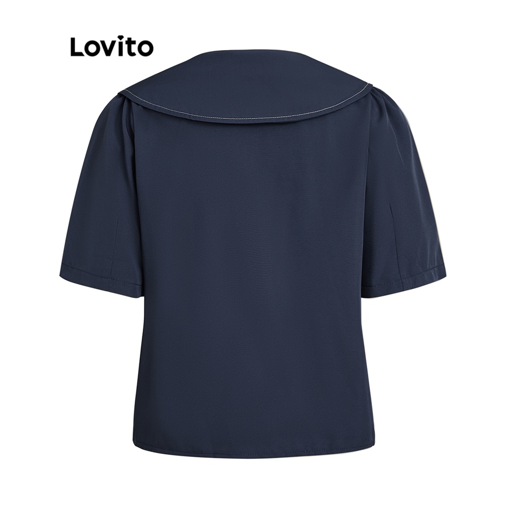 Áo Lovito Casual Nữ Cổ Peter Pan Phối Nút L35ED064 (Xanh Navy)