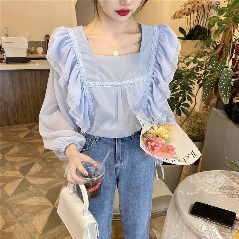 IELGY Áo Sơ Mi Dài Tay Cổ Vuông Phối Bèo Ngọt Ngào Thời Trang Cho Nữ