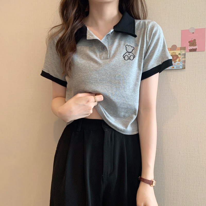 Áo polo Nữ Tay Ngắn Thêu Hình Gấu