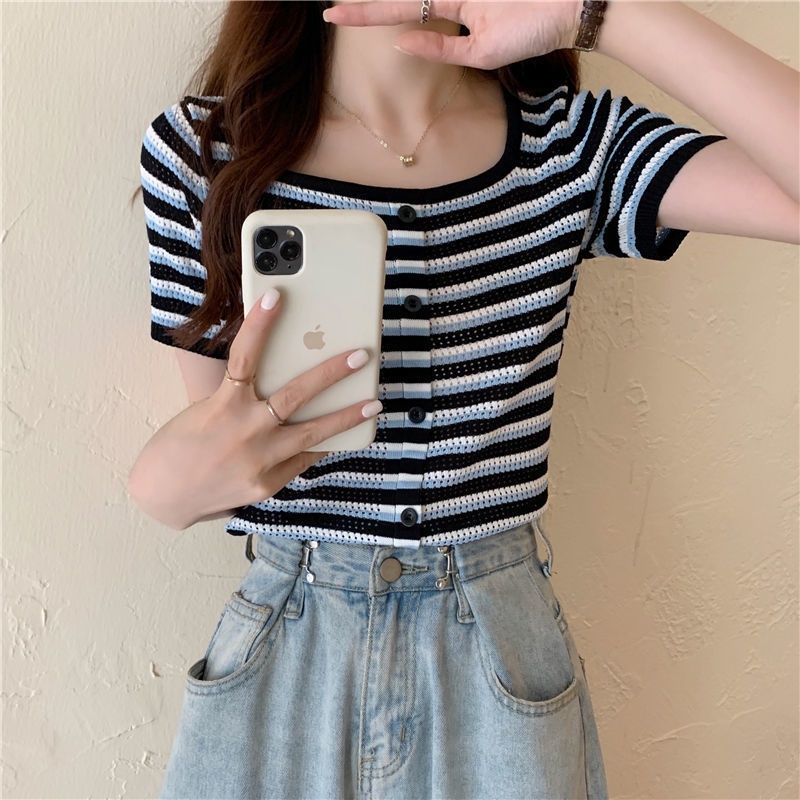 Áo Thun Dệt Kim Ngắn Tay Cổ Vuông Họa Tiết Kẻ Sọc Thời Trang Mùa Hè Mới