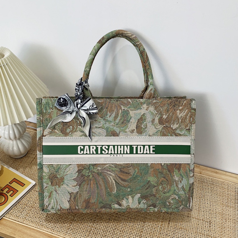 Ielgy Túi Xách Lụa Đeo Vai Sức Chứa Lớn Họa Tiết Tranh Sơn Dầu Đính Ngọc Trai Có Dây