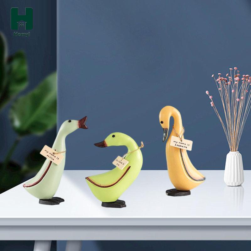 Homyl Bộ 3 Bức Tượng Vịt Bằng Gỗ Nghệ Thuật Dễ Thương Dùng Trang Trí Bàn Làm Việc