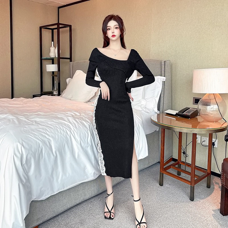 IELGY   Đầm Dệt Kim Dáng Dài Ôm Cơ Thể Phong Cách Pháp Thời Trang Cho Nữ