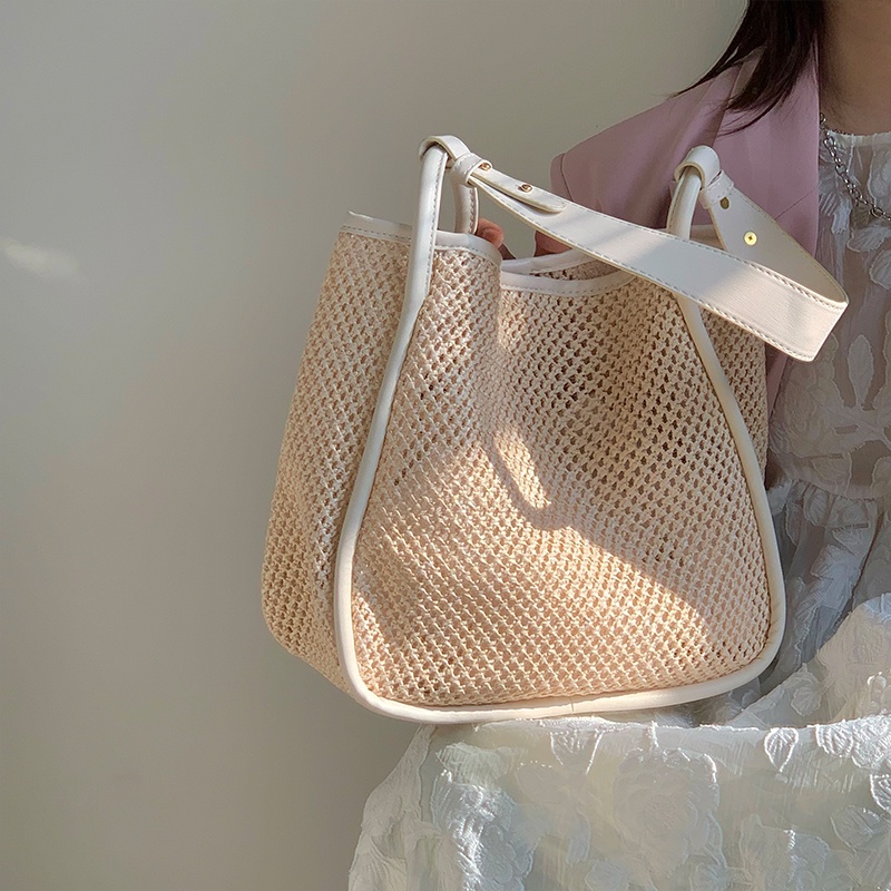 Ielgy Ba Lô Đan Rơm Sức Chứa Lớn Màu Sắc Tương Phản Cá Tính Cho Nữ