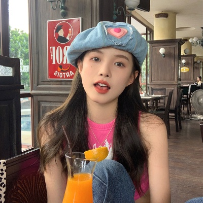 Mũ beret denim Hình Đám Mây Màu Hồng Ngọt Ngào Phong Cách retro Mùa Hè Cho Nữ