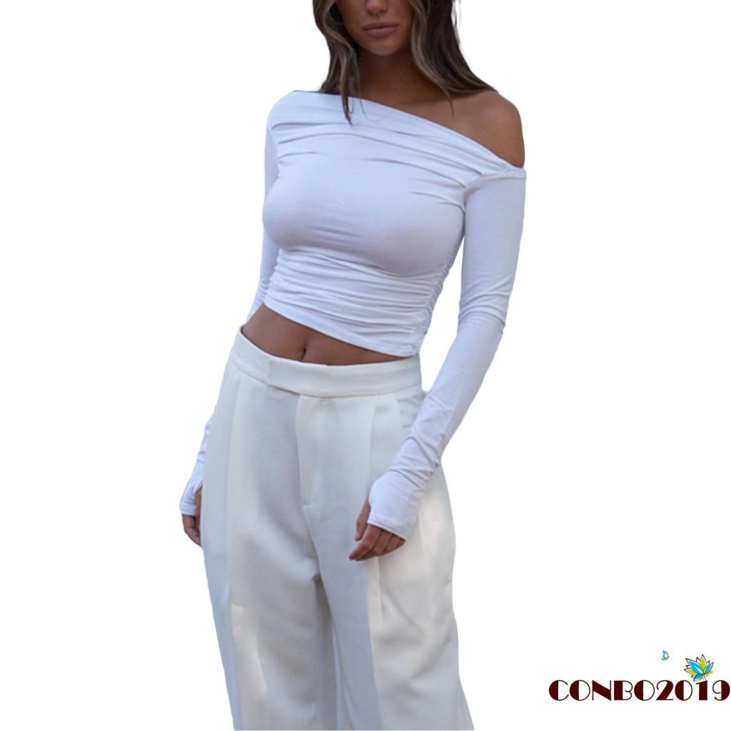 Áo Thun Croptop Trễ Vai Tay Dài Màu Sắc Đơn Giản Cho Nữ
