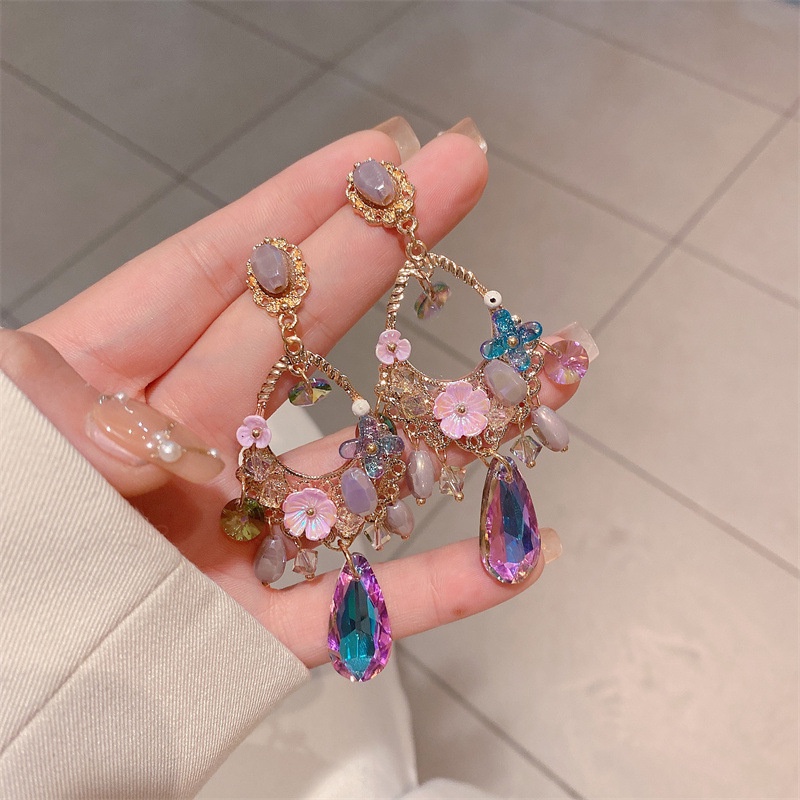 Bông Tai Mạ Bạc Đính Đá Sapphire Phong Cách Baroque Nhật Bản