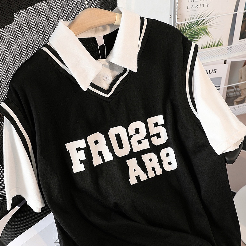 Áo Thun polo Tay Ngắn Giả Hai Lớp Mẫu Mới 2023 Phong Cách Preppy Bóng Rổ Thời Trang Hàn Quốc Dành Cho Nữ