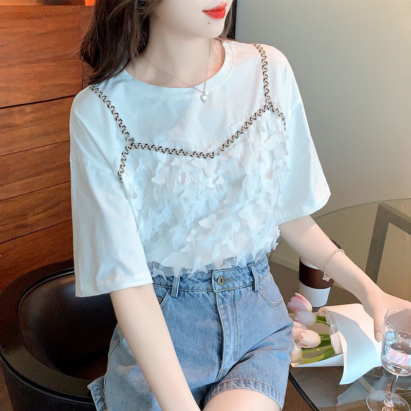 Áo Thun Cotton Giả Hai Mảnh Tay Ngắn Màu Trắng Phong Cách Mới Mùa Hè 2023