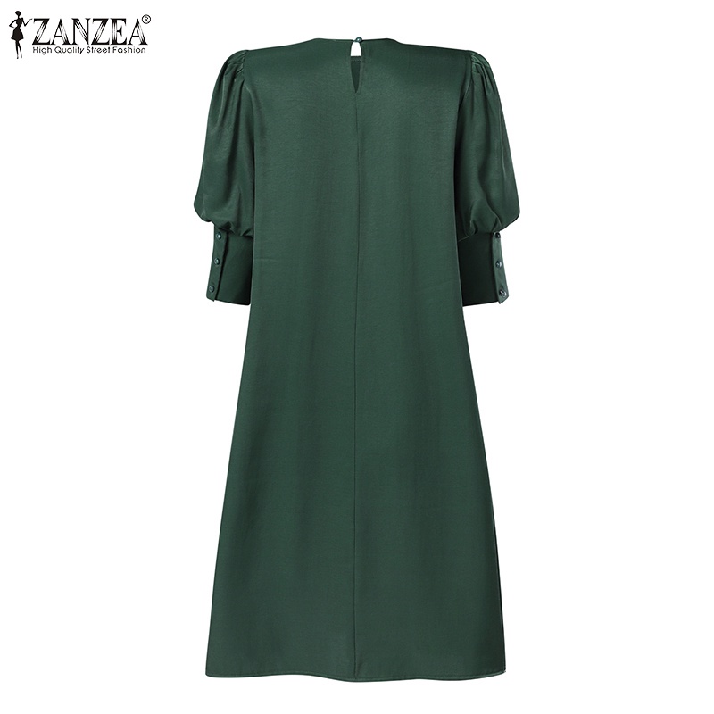 Đầm ZANZEA tay phồng cổ tròn màu trơn phong cách châu Âu thời trang cho nữ