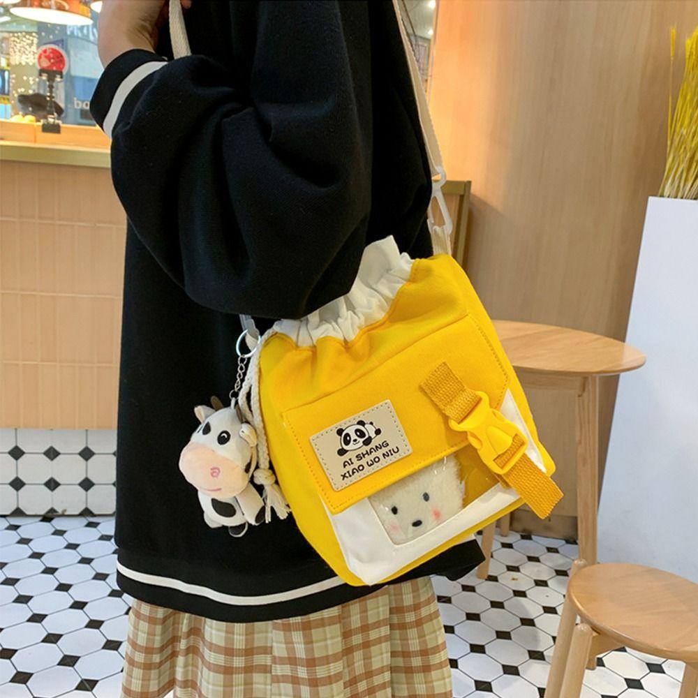 Túi Đeo Vai Vải Canvas Phối Dây Rút Thiết Kế Dễ Thương Cho Nữ