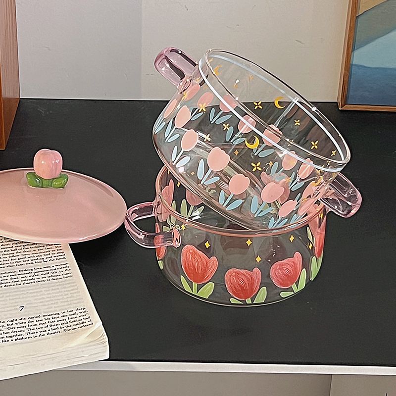 Tô Ăn Mì Ăn Liền Bằng Thủy Tinh Dung Tích Lớn Có Nắp Đậy Hai Tai Dành Cho Học Sinh / Văn Phòng