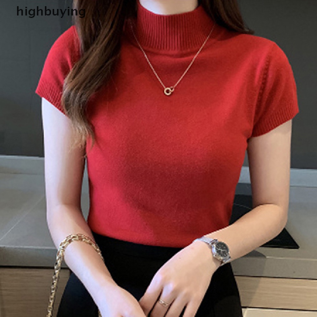 Áo Thun Dệt Kim Tay Ngắn Cổ Lọ Màu Sắc Đơn Giản Cho Nữ