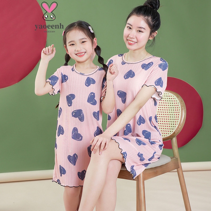 【YAOEENH】Đầm Ngủ Bằng Lụa Mát 110-180cm In Họa Tiết Hoạt Hình Dễ Thương Thời Trang Cho Mẹ Và Bé