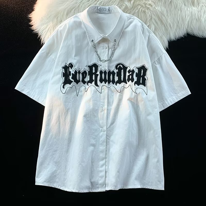 Áo Sơ Mi Nam Tay Ngắn Dáng Rộng Có Thêu Họa Tiết Phong Cách Đường Phố Mỹ