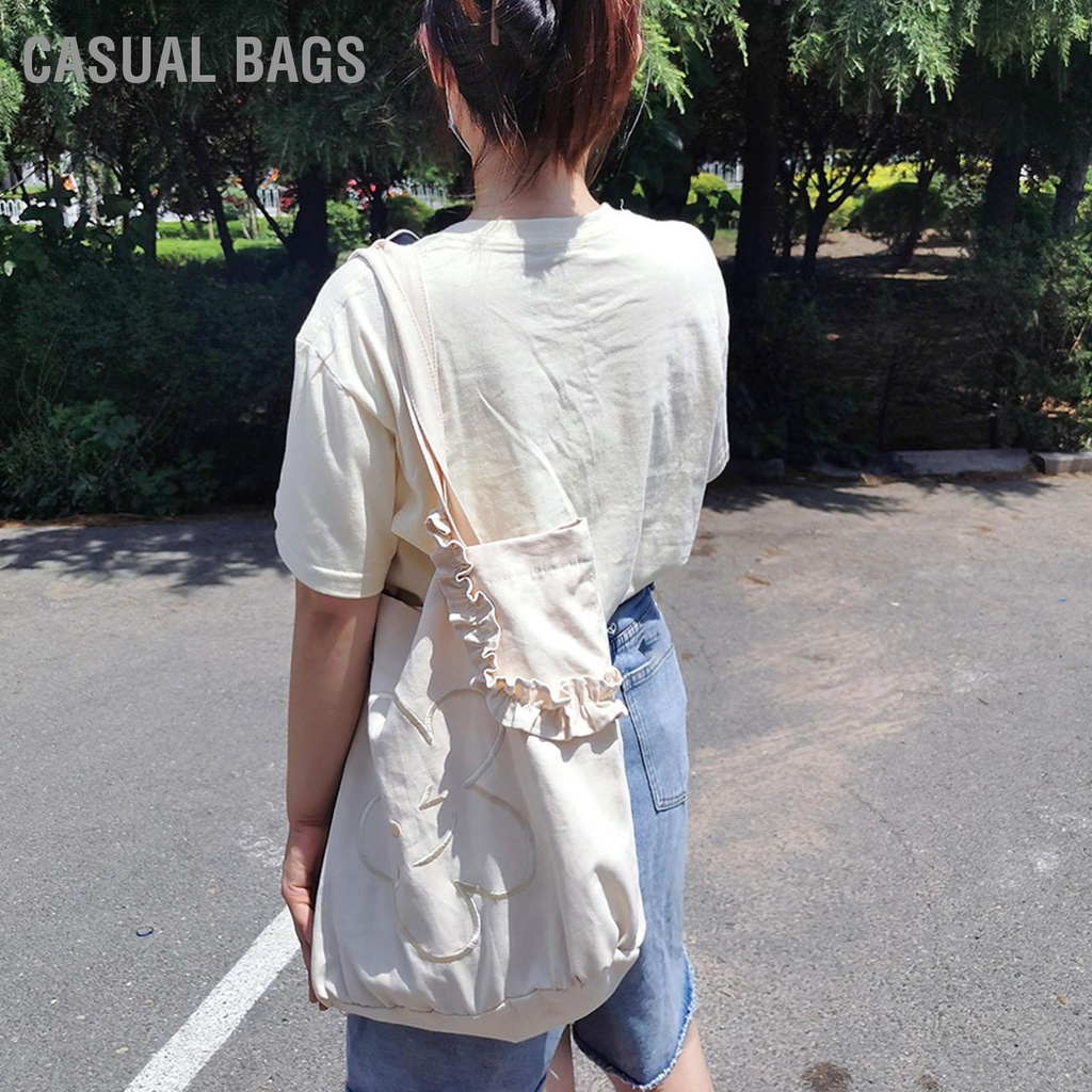 Có hàng sẵn Tươi mát tinh khiết thêu nụ cười mặt cười túi vải vải nữ Tote nếp gấp ren túi xách một vai sinh viên đại học túi lớp học