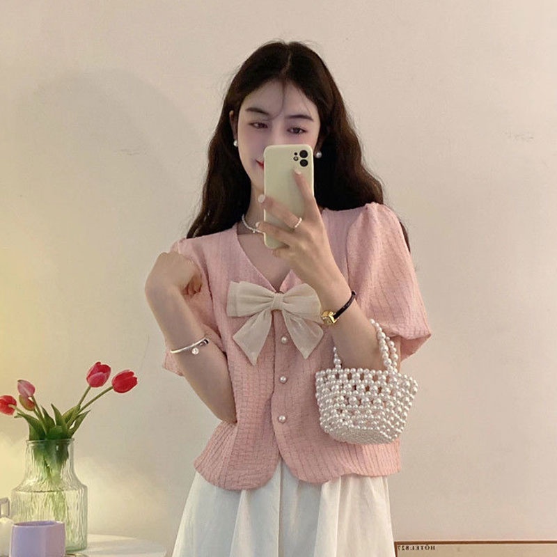 DUOHANZI  Áo Sơ Mi Ngắn Tay Phồng Cổ Chữ V Thắt Nơ Phong Cách Hàn Quốc Thanh Lịch Dành Cho Nữ