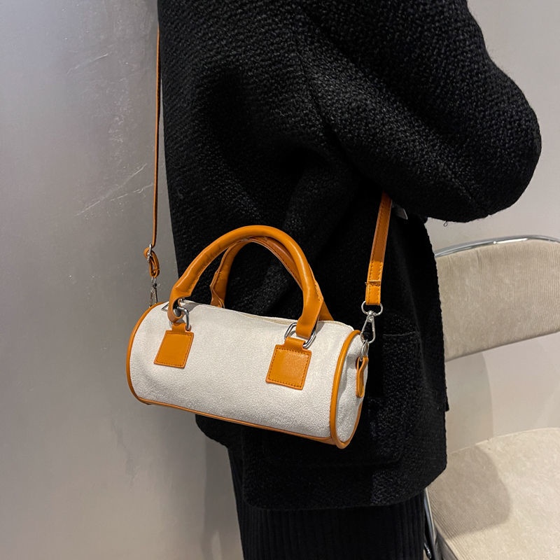 Túi Xách Boston Đeo Vai / Đeo Chéo Hình Trụ Cỡ Nhỏ Chất Nhung Có Khóa Gài Thời Trang Cho Nữ