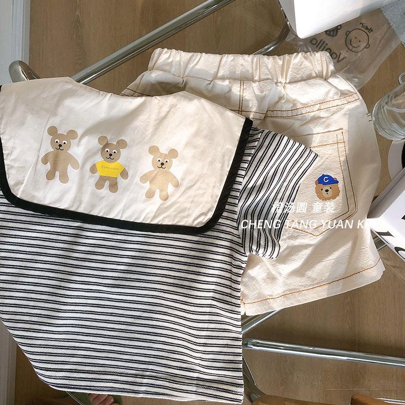 Set Áo Thun Ngắn Tay Cổ Bẻ Kẻ Sọc + Quần Short Thời Trang Mùa Hè Dễ Thương Cho Bé