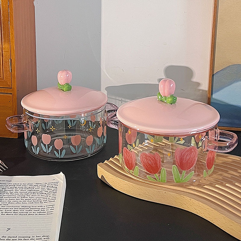 Tô Ăn Mì Ăn Liền Bằng Thủy Tinh Dung Tích Lớn Có Nắp Đậy Hai Tai Dành Cho Học Sinh / Văn Phòng