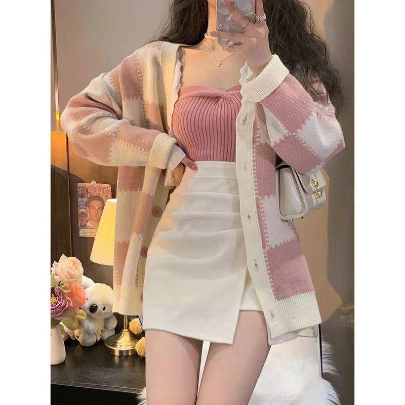 Set Áo Khoác Cardigan Họa Tiết Sọc Caro + Chân Váy Lưng Cao Thời Trang Thu Đông