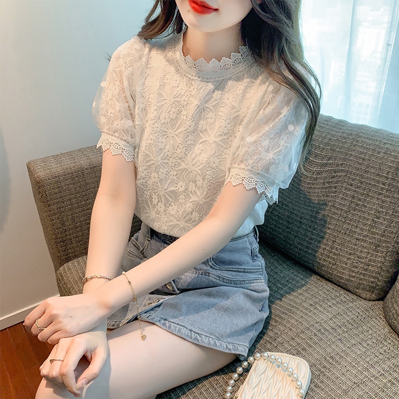 Áo Sơ Mi Ren Tay Ngắn Phồng Ôm Dáng Mẫu Mới 2023 Thời Trang Mùa Hè Cho Nữ