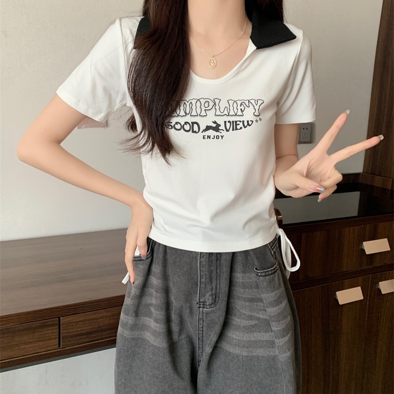 COZOK Áo Thun Ngắn Tay Dáng Ôm Phối Dây Rút In Chữ Cá Tính