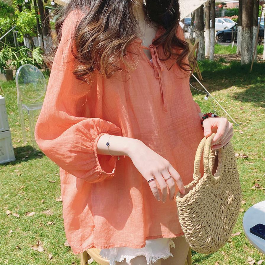 ICE cotton and linen top doll shirt cropped sleeve niche Korean style women's summer loose large size high-end cotton and linen shirt T-shirt