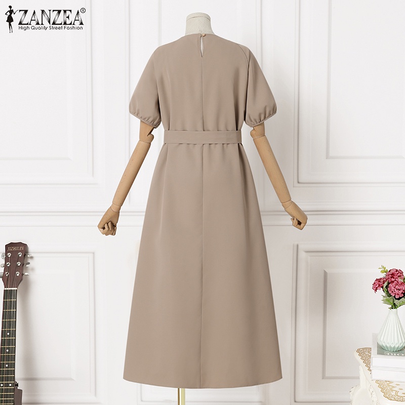 Đầm dài ZANZEA tay phồng xếp ly phối thắt lưng phong cách đường phố Hàn Quốc