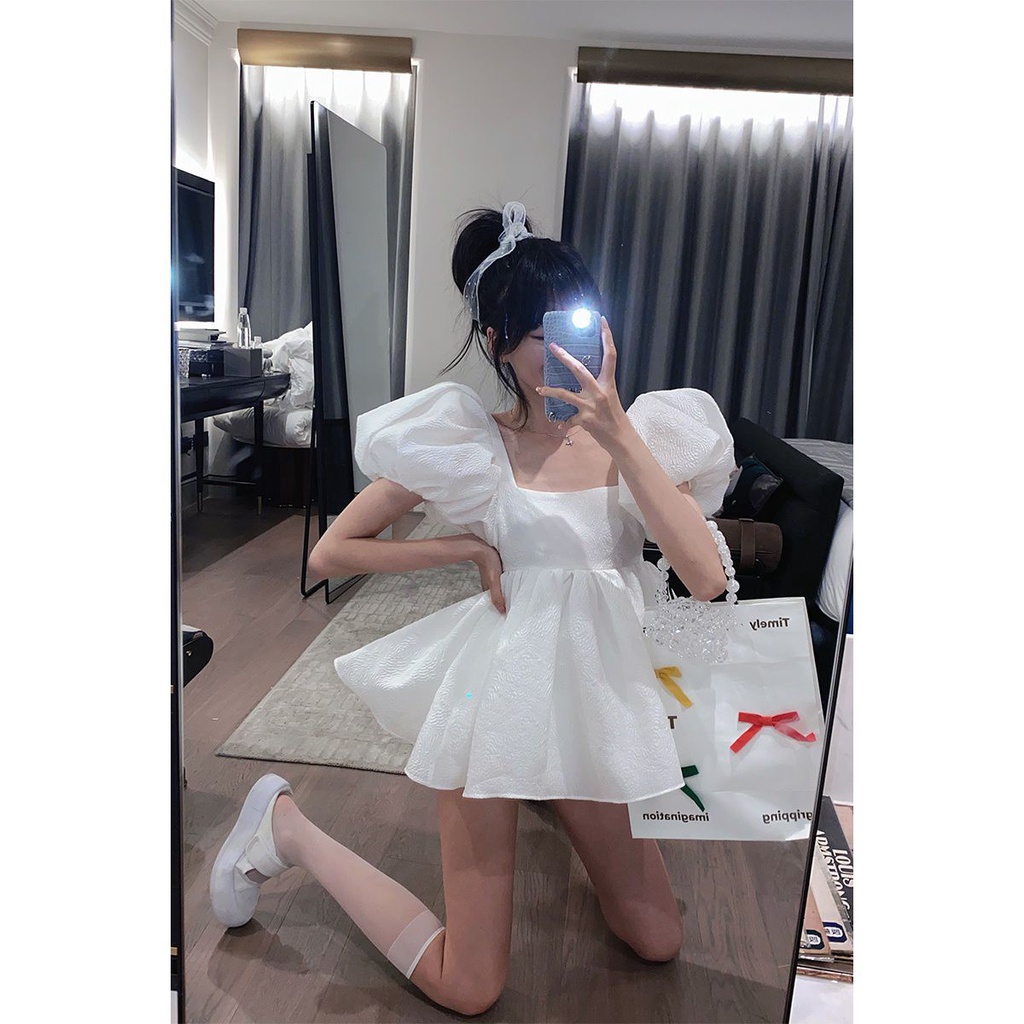 COZOK Đầm Cổ Vuông Tay Phồng Lưng Cao Hở Lưng Phong Cách Pháp Thời Trang Mùa Hè Cho Nữ