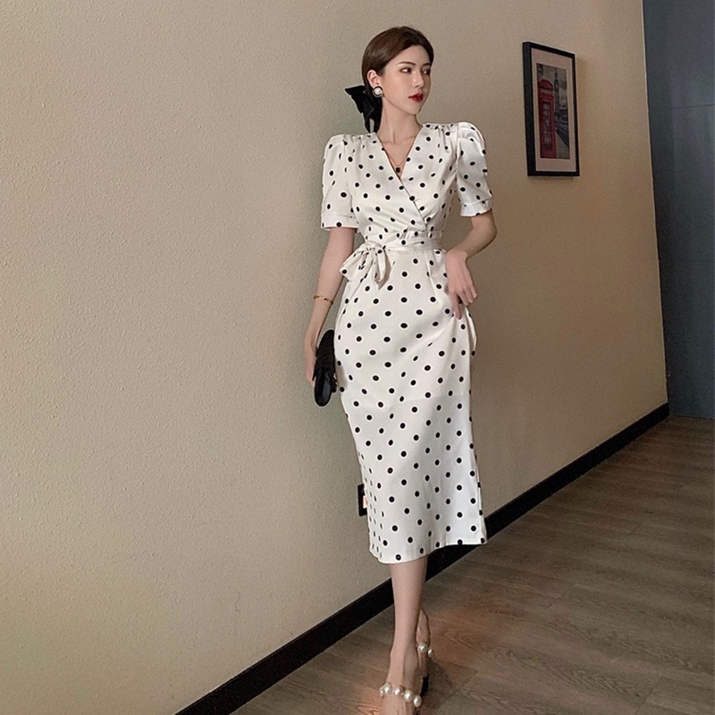 IELGY  Đầm Tay Phồng Họa Tiết Chấm Bi Cột Dây Phong Cách Pháp Thanh Lịch Cho Nữ