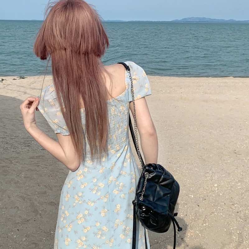 IELGY  Đầm Dài Qua Gối Eo Cao In Họa Tiết Hoa Phong Cách Pháp Thời Trang Cho Nữ