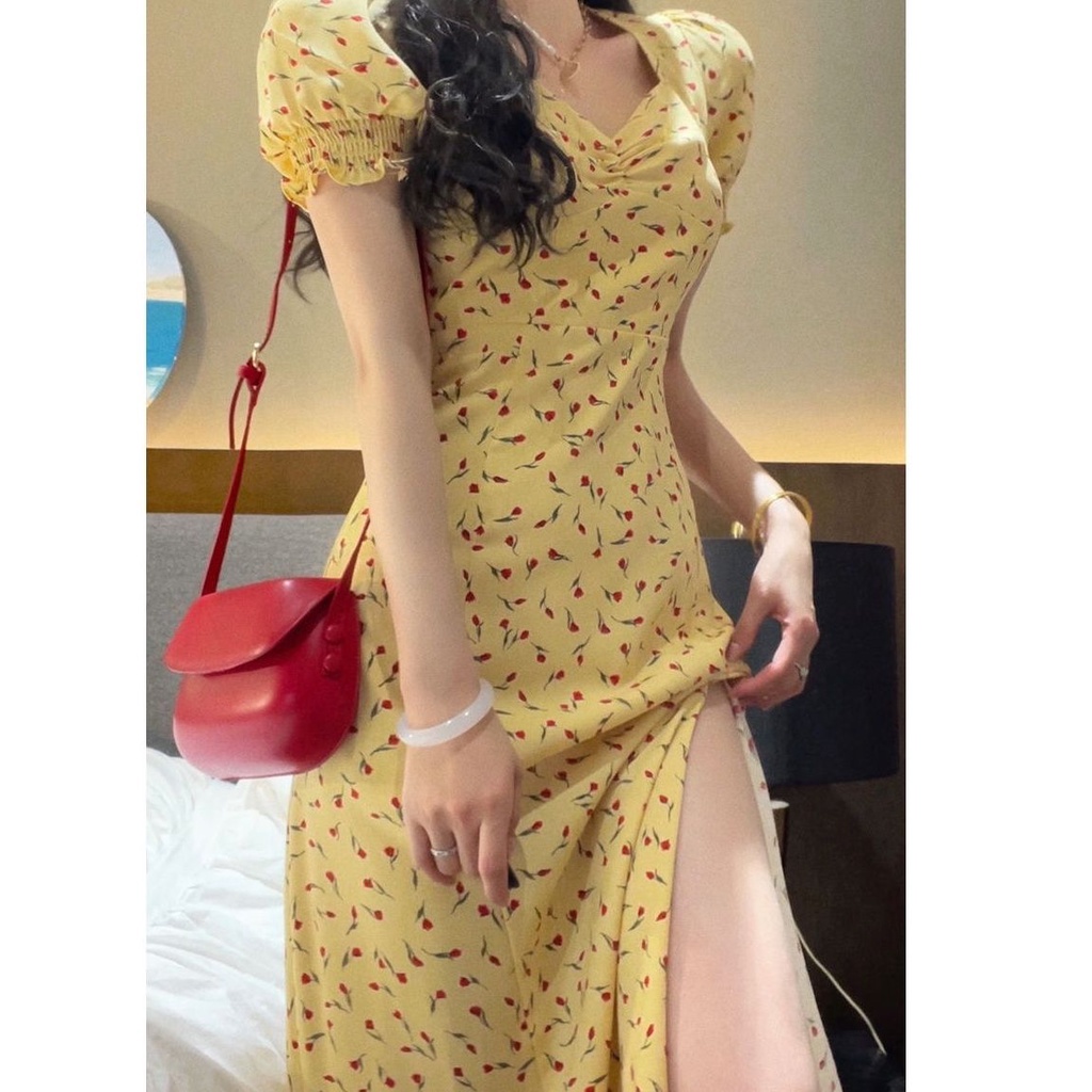 Đầm Hoa Cổ Vuông Phong Cách Retro Pháp Thời Trang Xuân Hè 2023 Mới