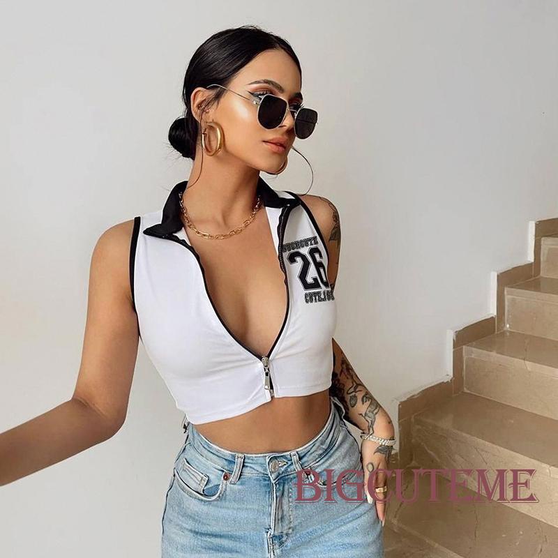 Áo Croptop Sát Nách Có Khóa Kéo In Số Thời Trang Mùa Hè Cho Nữ