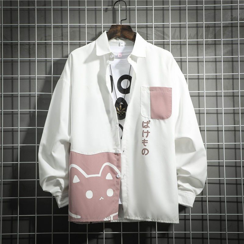 Áo Khoác Sơ Mi Tay Dài Dáng Rộng In Hình Mèo Kiểu Nhật Bản Dễ Phối Đồ Thời Trang Cho Cặp Đôi