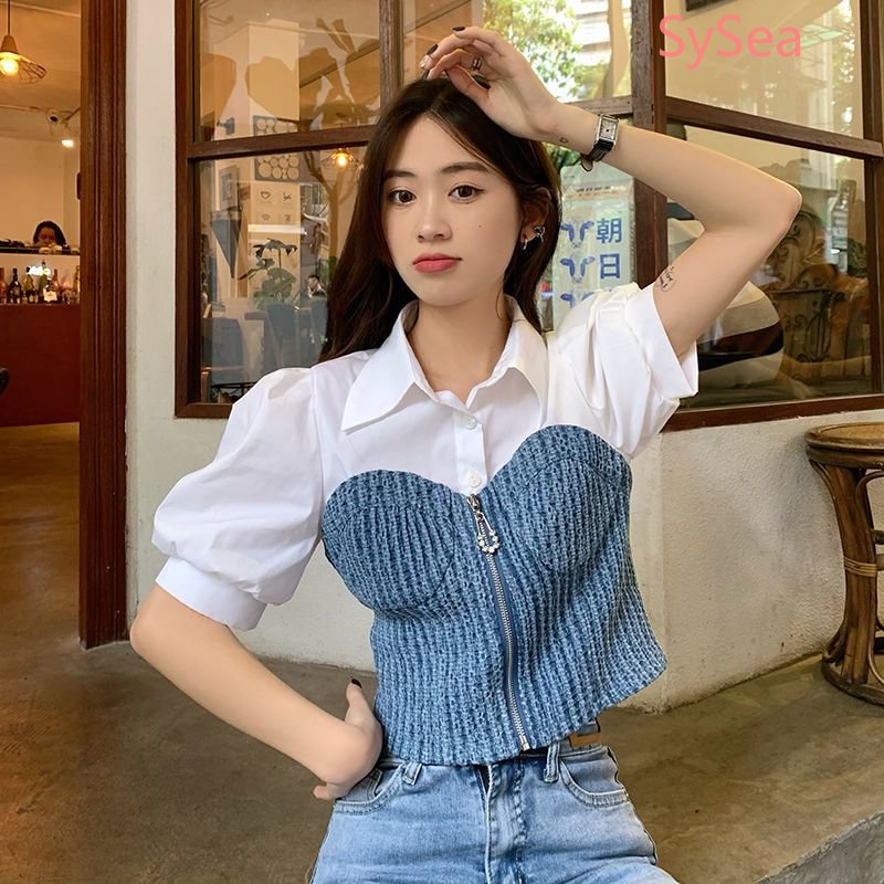 Áo Sơ Mi Phối Khóa Kéo Thời Trang Mùa Hè Pháp Cho Nữ