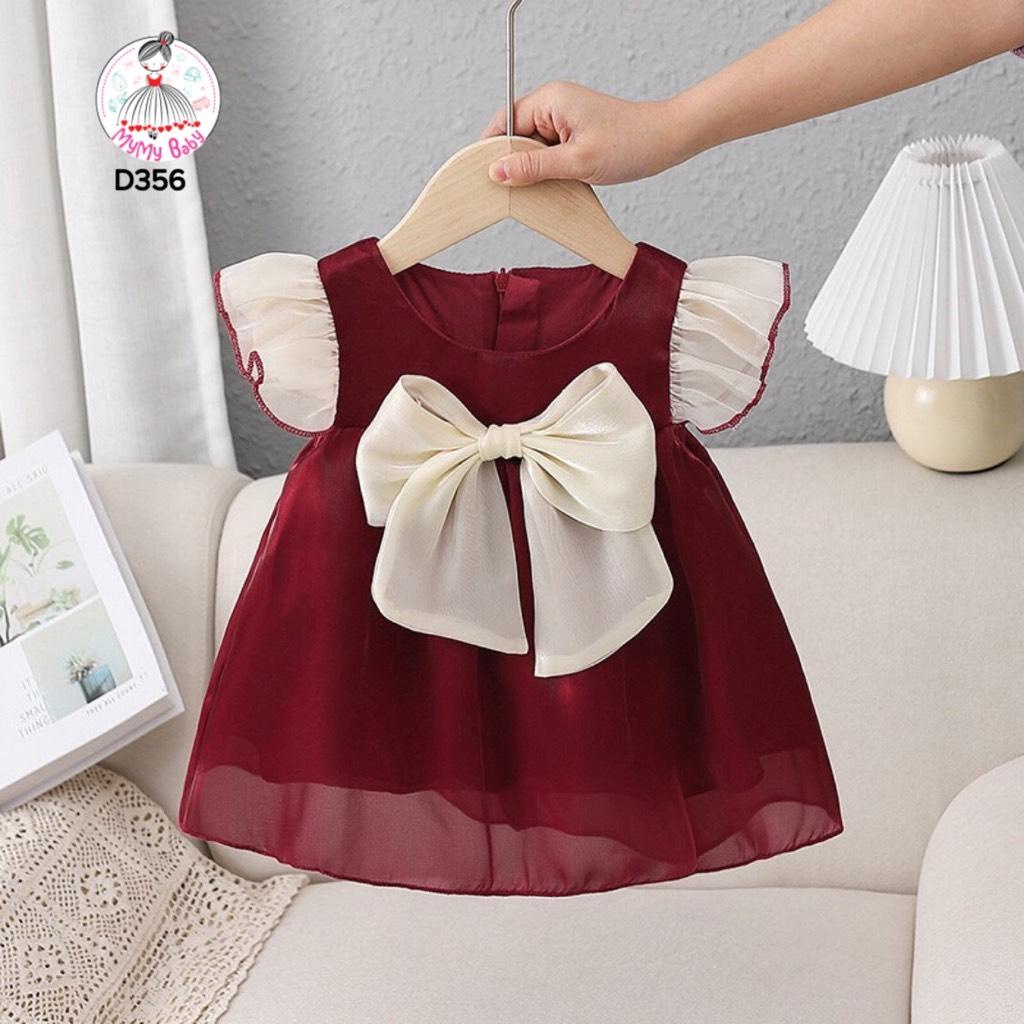 Đầm nơ đỏ tay voan trắng tay cánh tiên kem