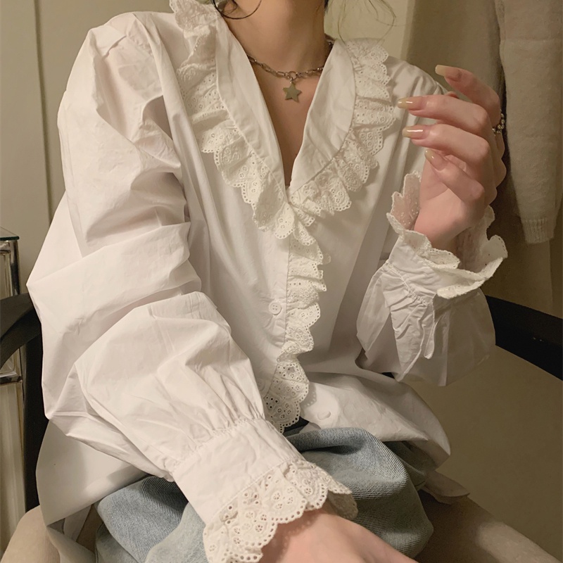 IELGY   Áo Sơ Mi Tay Dài Phối Ren Thời Trang Dành Cho Nữ