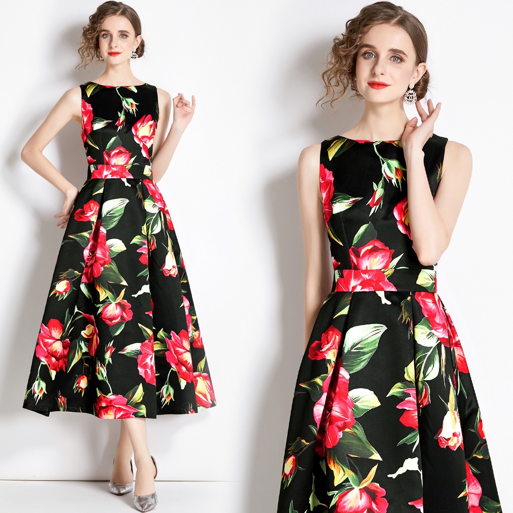 Đầm Midi Dáng Chữ A In Họa Tiết Kiểu Vintage Thời Trang Dự Tiệc Cao Cấp