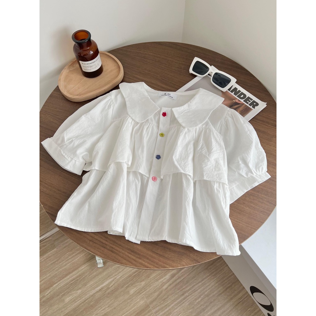 Áo Sơ Mi cổ tầng bèo cúc hình hoa, Áo sơ mi trắng dáng croptop đi học đi chơi