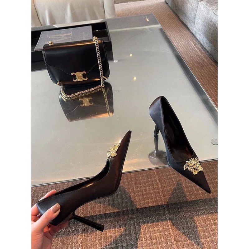 Giày Cao Gót 7 / 9CM Mũi Nhọn Màu Đen Chất Liệu Satin Thời Trang Cho Nữ