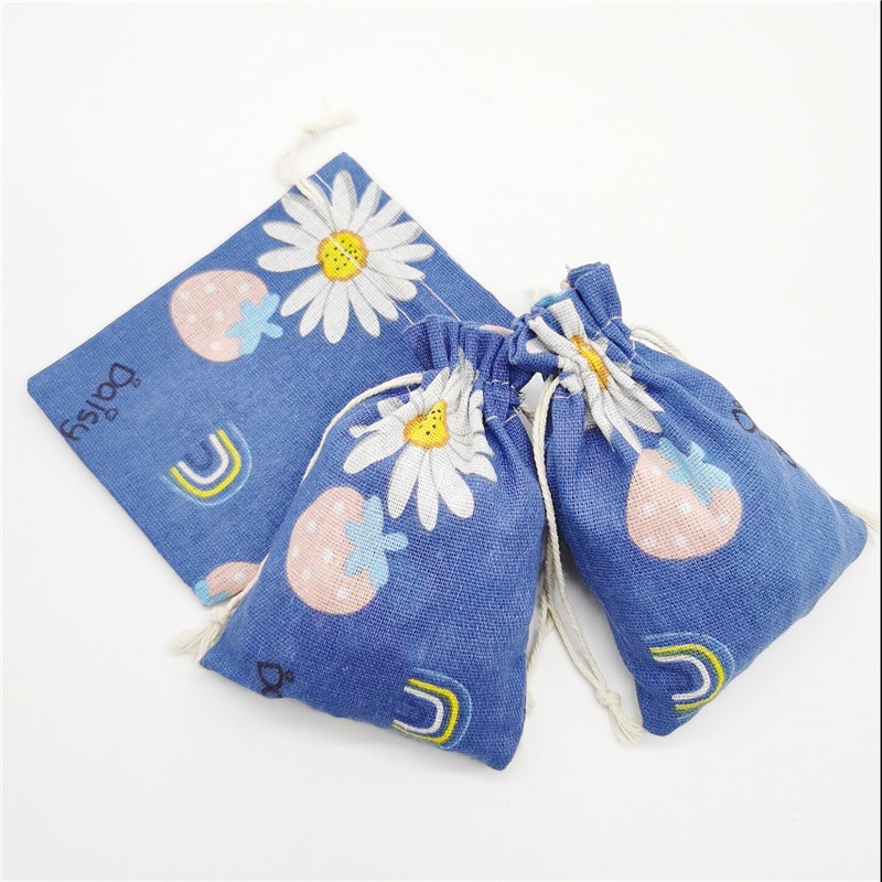 Túi Vải Lanh Cotton Đựng Trang Sức Họa Tiết Dâu Tây Dễ Thương