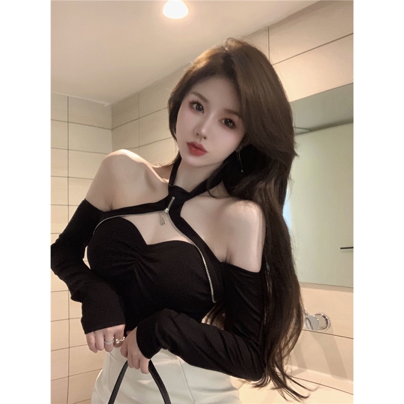 COZOK Áo Thun Tay Dài Trễ Vai Màu Sắc Đơn Giản Quyến Rũ