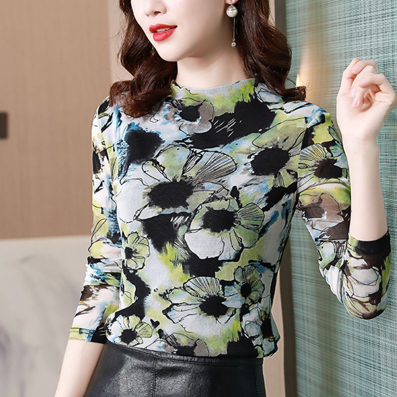 Áo Thun Cổ Lọ Dáng Ôm In Họa Tiết Phong Cách Mới Thời Trang Xuân Thu Dễ Phối Đồ Cho Nữ