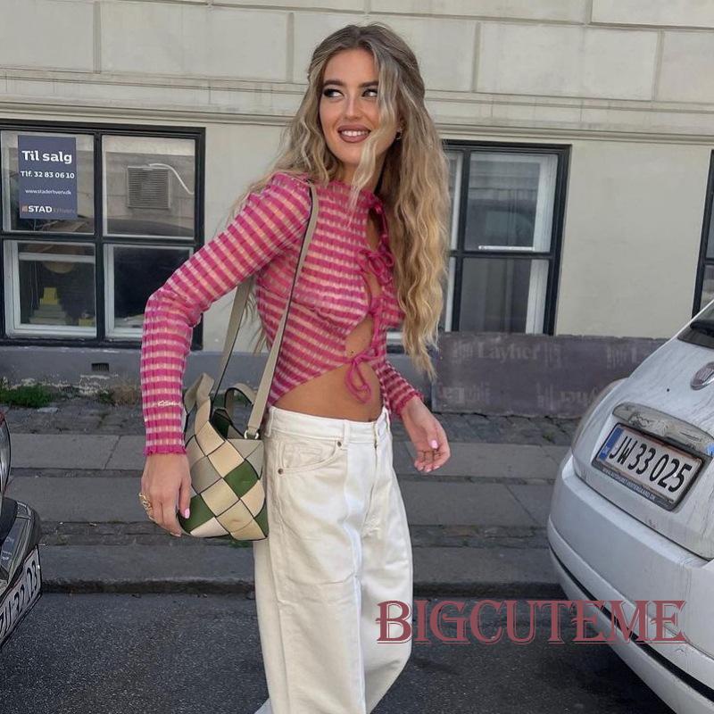 [] Áo Thun Crop Top Tay Dài Cổ Thuyền Họa Tiết Kẻ Sọc Buộc Dây Phía Trước Cho Nữ