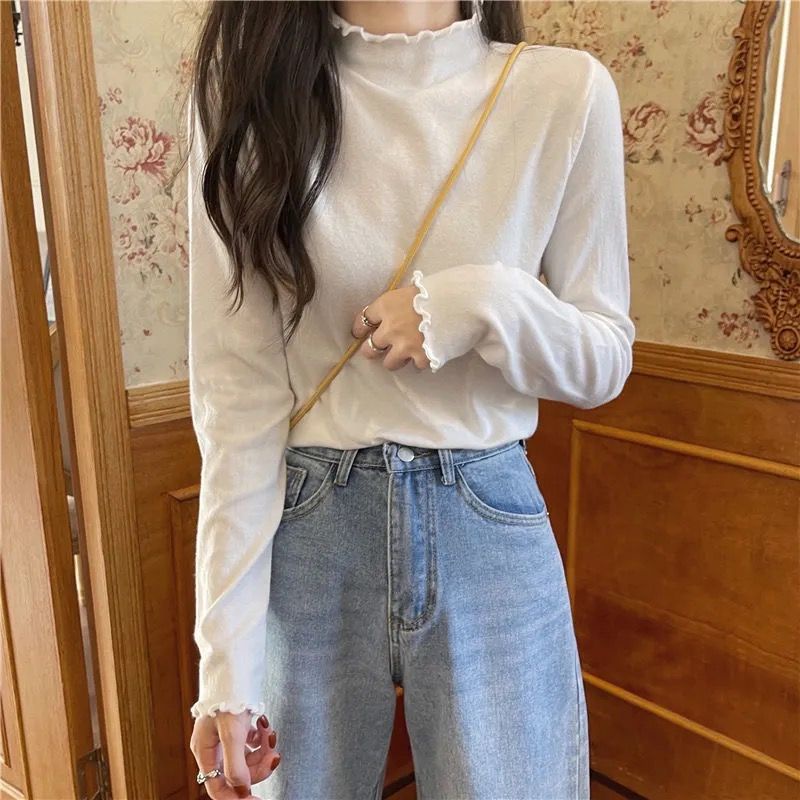 Áo Thun croptop Mỏng Tay Dài Lót Lông Cừu Cổ Cao Thời Trang Xuân Thu Phong Cách Mới Cho Nữ