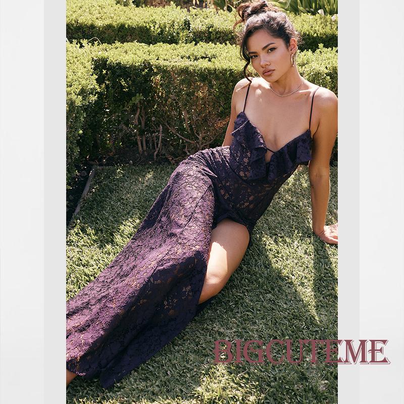 [] - Đầm Dài Hai Dây Phối Ren Hoa Xẻ Tà Gợi Cảm Đi Tiệc Mùa Hè Cho Nữ