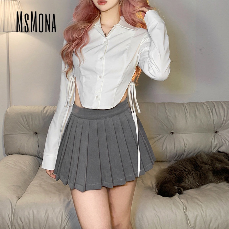 MsMona Áo Thun Tay Dài Cổ Bẻ Màu Trơn Dáng Ôm Thời Trang 2023 Dành Cho Bạn Nữ