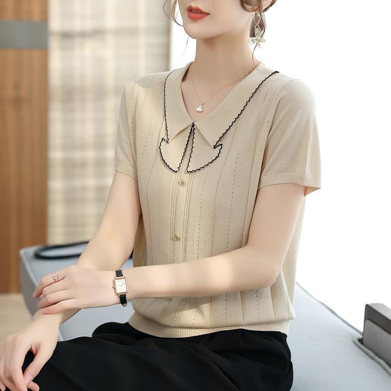 Áo Thun Lụa Lạnh Mỏng Tay Ngắn Cổ Búp Bê Phong Cách Hàn Quốc Thời Trang Mùa Hè Hàng Mới Dành Cho Bạn Nữ